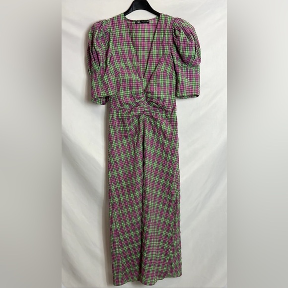 Zara Purple Plaid Puff Sleeve Midi Green/Pink Ruched Front Sz L - Picture 2 of 6